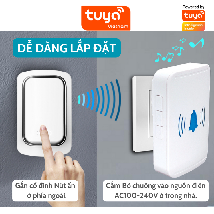 Chuông Cửa Không Dây Thông Minh TUYA Wifi Không Cần Dùng Pin Điều Khiển Cảnh Báo Từ Xa Qua Điện Thoại