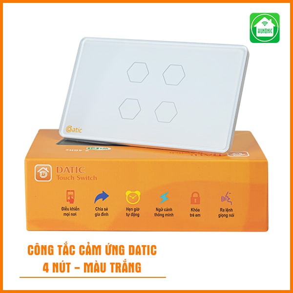 Công tắc cảm ứng thông minh Wifi HUNONIC Datic 4 nút điều khiển bật tắt thiết bị từ xa qua điện thoại