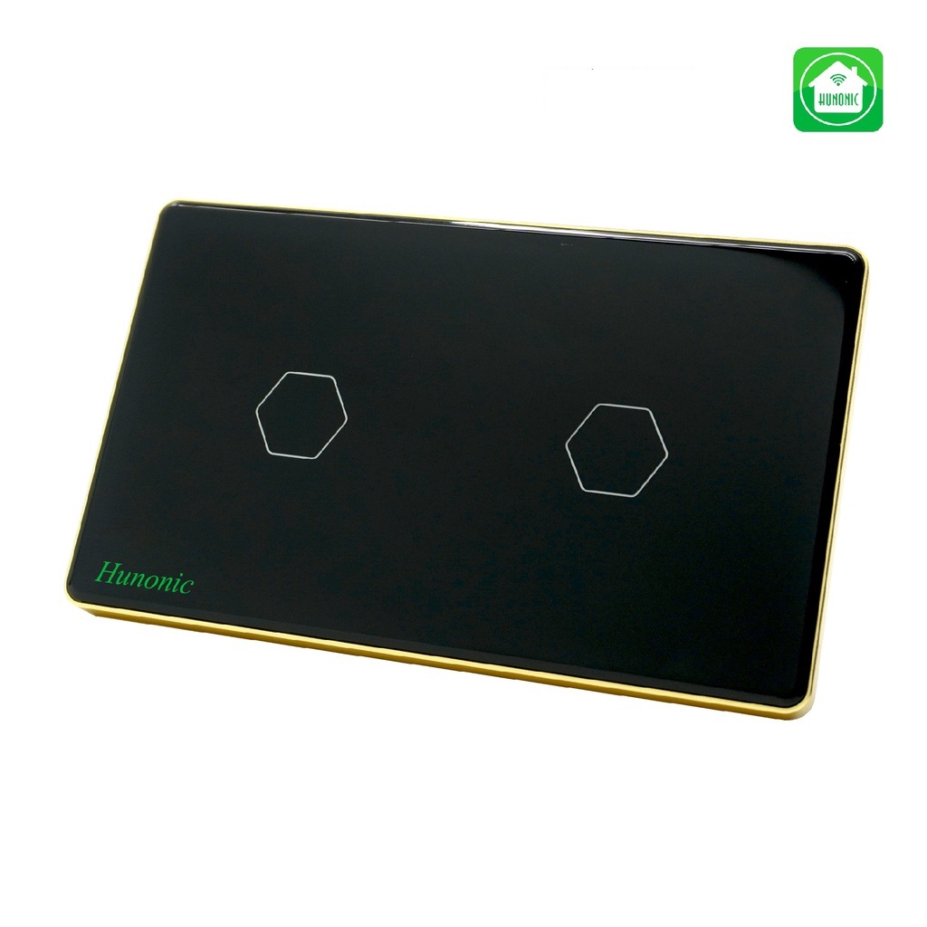 Công tắc cảm ứng thông minh Wifi HUNONIC LUXURY 2 nút viền vàng mặt kính điều khiển bật tắt thiết bị từ xa qua điện thoại