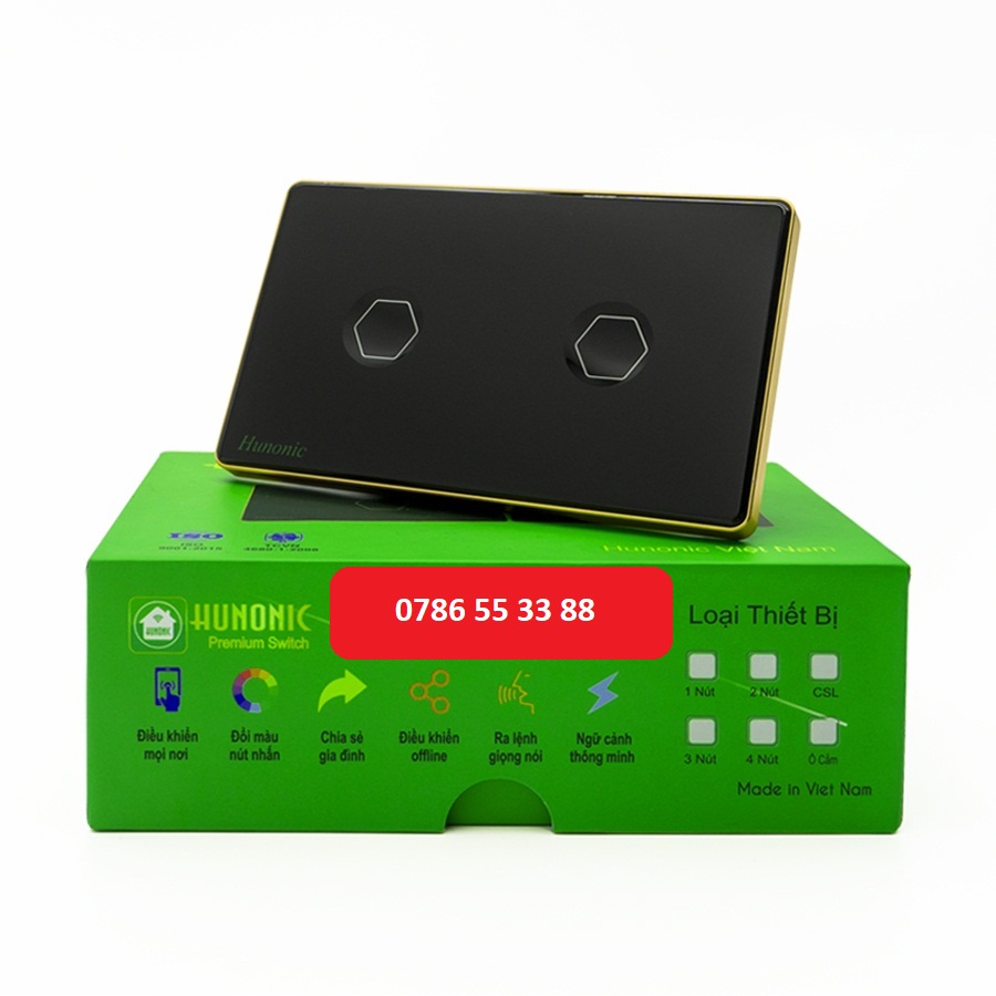 Công tắc cảm ứng thông minh Wifi HUNONIC LUXURY 2 nút viền vàng mặt kính điều khiển bật tắt thiết bị từ xa qua điện thoại