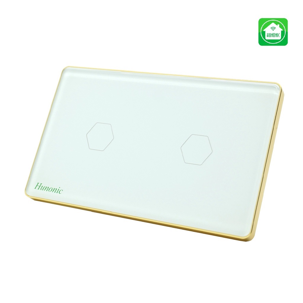 Công tắc cảm ứng thông minh Wifi HUNONIC LUXURY 2 nút viền vàng mặt kính điều khiển bật tắt thiết bị từ xa qua điện thoại