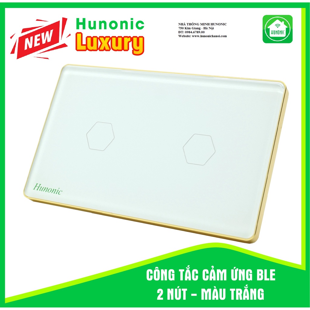 Công tắc cảm ứng thông minh Wifi HUNONIC LUXURY 2 nút viền vàng mặt kính điều khiển bật tắt thiết bị từ xa qua điện thoại