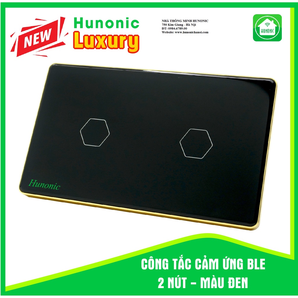 Công tắc cảm ứng thông minh Wifi HUNONIC LUXURY 2 nút viền vàng mặt kính điều khiển bật tắt thiết bị từ xa qua điện thoại