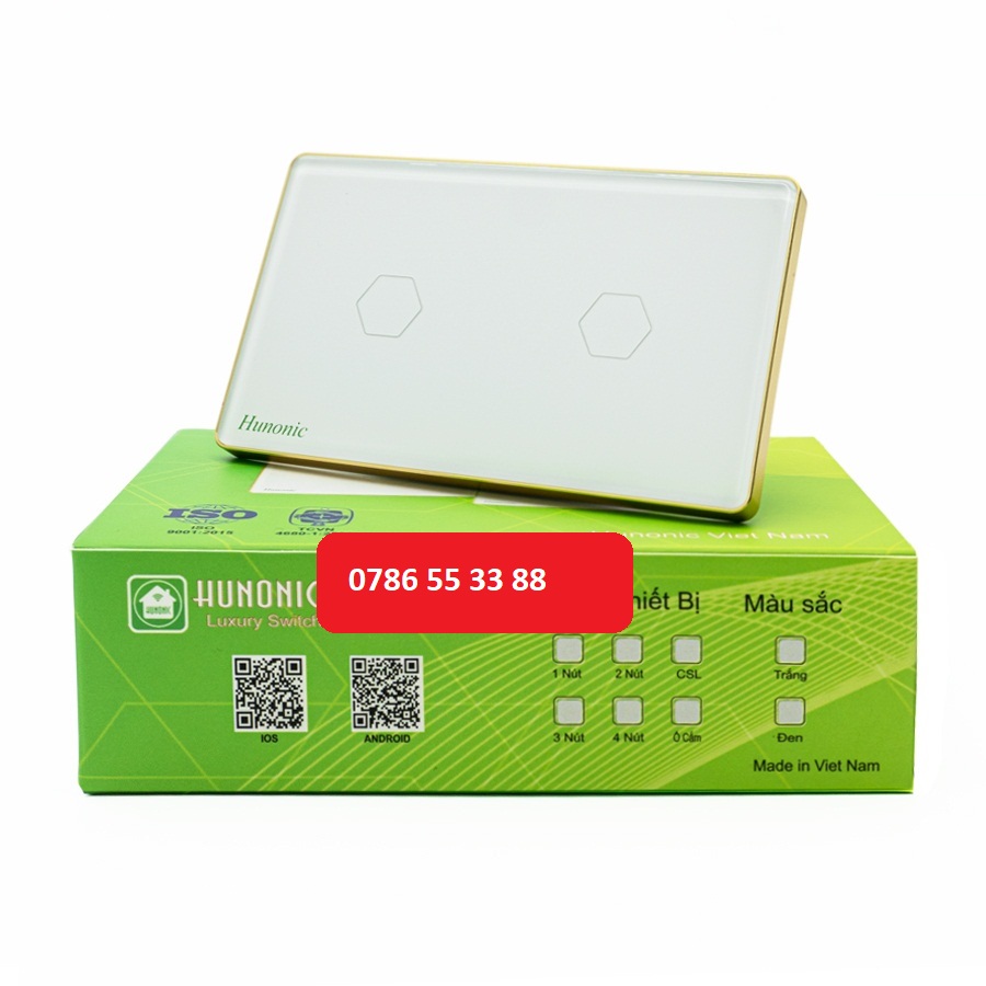Công tắc cảm ứng thông minh Wifi HUNONIC LUXURY 2 nút viền vàng mặt kính điều khiển bật tắt thiết bị từ xa qua điện thoại
