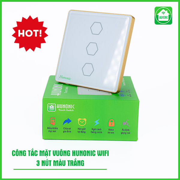 Công tắc cảm ứng thông minh Wifi HUNONIC mặt vuông nút điều khiển bật tắt thiết bị điện bình nóng lạnh công suất cao từ xa qua điện thoại