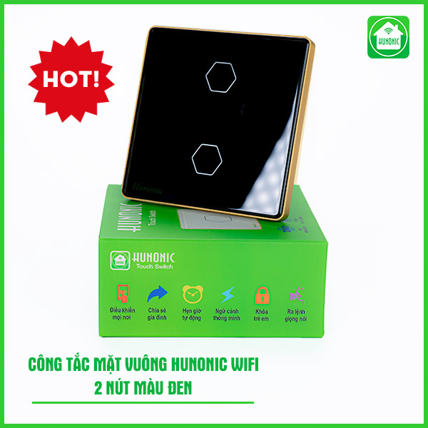 Công tắc cảm ứng thông minh Wifi HUNONIC mặt vuông nút điều khiển bật tắt thiết bị điện bình nóng lạnh công suất cao từ xa qua điện thoại