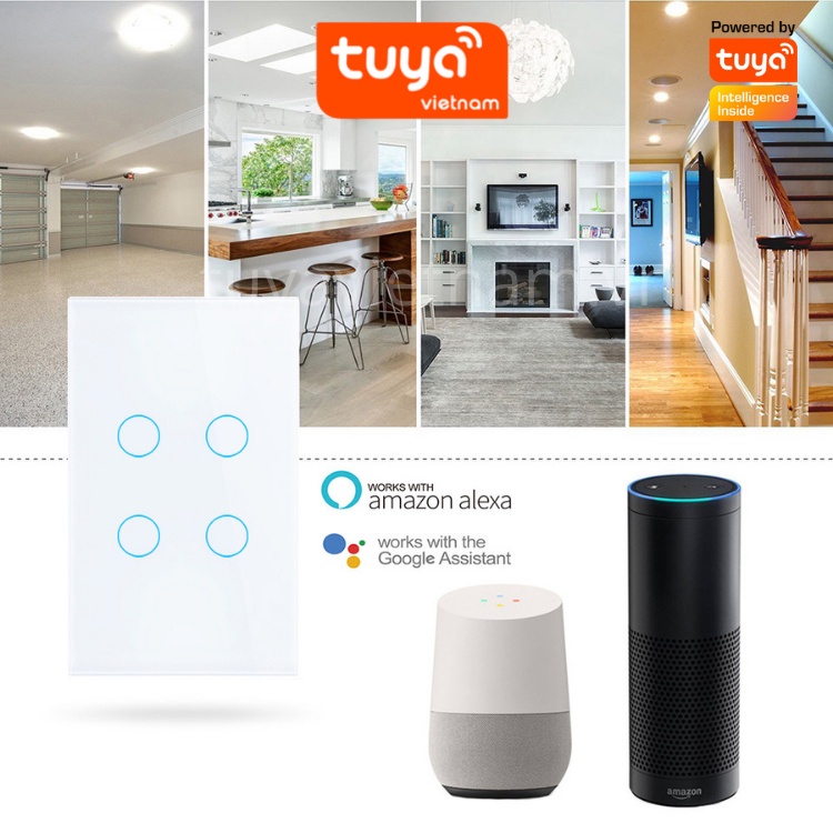 Công Tắc Cảm Ứng Thông Minh Wifi TUYA Hình Chữ Nhật 1-2-3-4 Nút Theo Dõi Điều Khiển Bật Tắt Thiết Bị Từ Xa Qua Điện Thoại