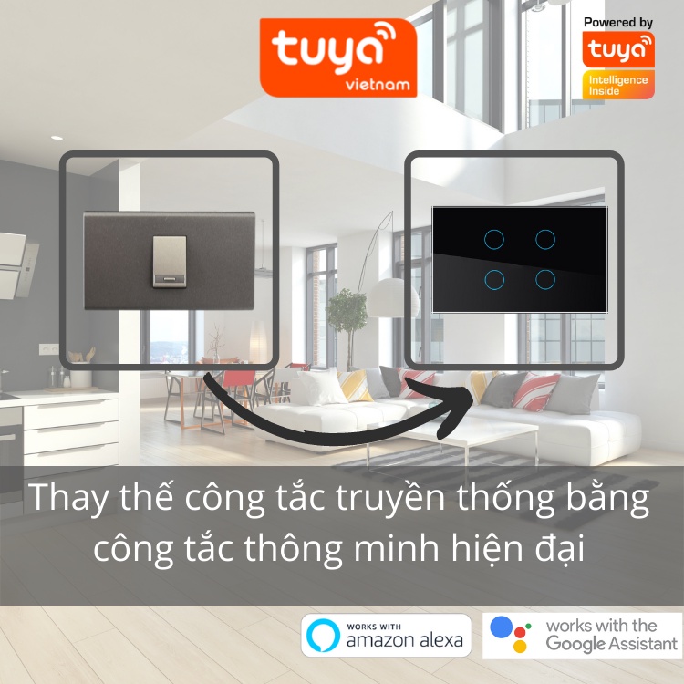 Công Tắc Cảm Ứng Thông Minh Wifi TUYA Hình Chữ Nhật 1-2-3-4 Nút Theo Dõi Điều Khiển Bật Tắt Thiết Bị Từ Xa Qua Điện Thoại