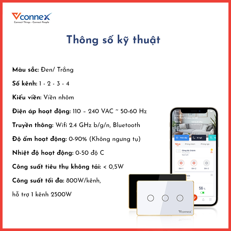 Công tắc cảm ứng thông minh wifi VCONNEX công suất cao 800 2500 W điều khiển bật tắt thiết bị từ xa qua điện thoại