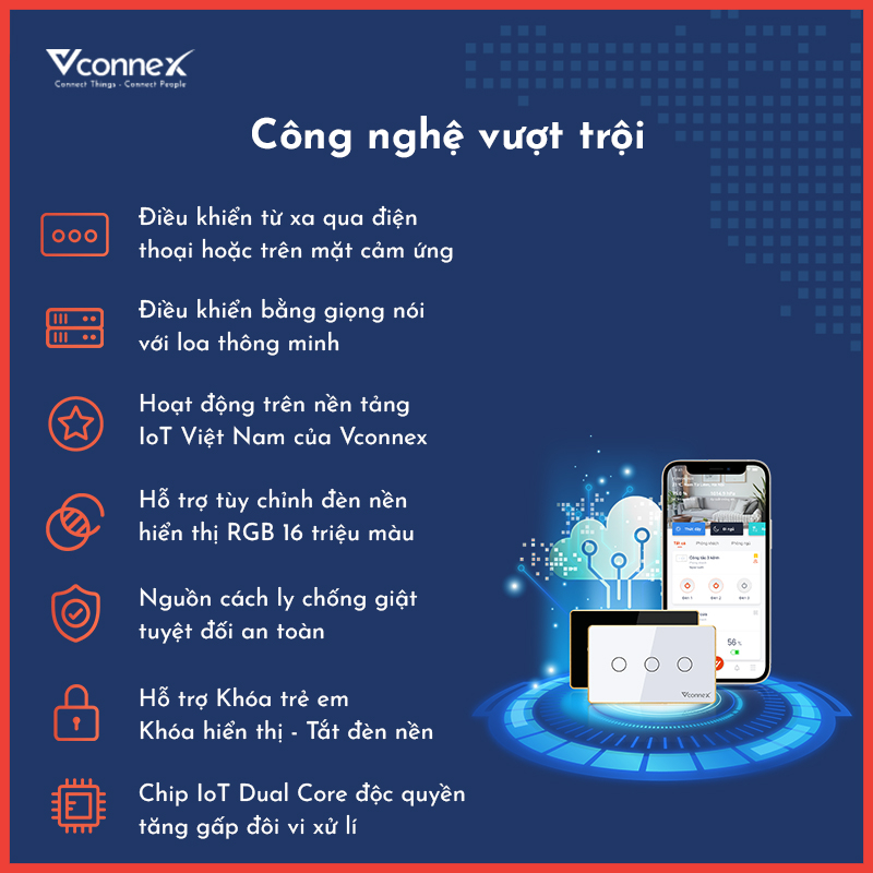 Công tắc cảm ứng thông minh wifi VCONNEX công suất cao 800 2500 W điều khiển bật tắt thiết bị từ xa qua điện thoại