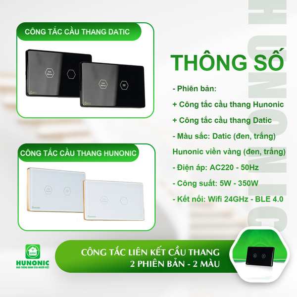 Công tắc cầu thang thông minh wifi HUNONIC DATIC bật tắt đèn liên kết cảm biến chuyển động công tắc cơ điều khiển từ xa qua điện thoại