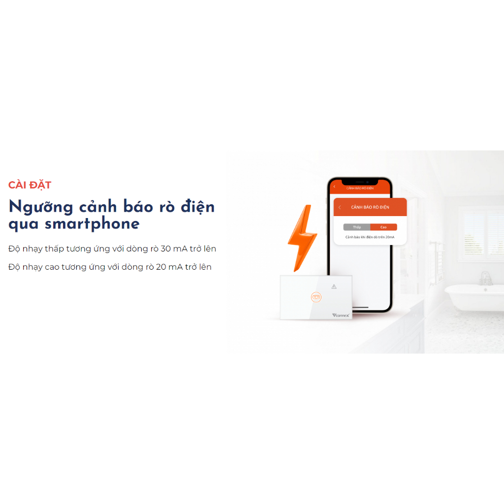 Công tắc chống giật bình nóng lạnh VCONNEX kết nối wifi thông minh cảnh báo điều khiển hẹn giờ bật tắt từ xa qua điện thoại