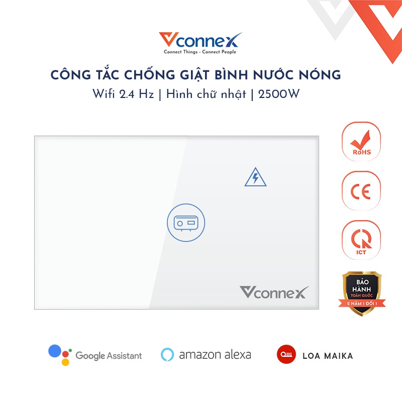 Công tắc chống giật bình nóng lạnh VCONNEX kết nối wifi thông minh cảnh báo điều khiển hẹn giờ bật tắt từ xa qua điện thoại