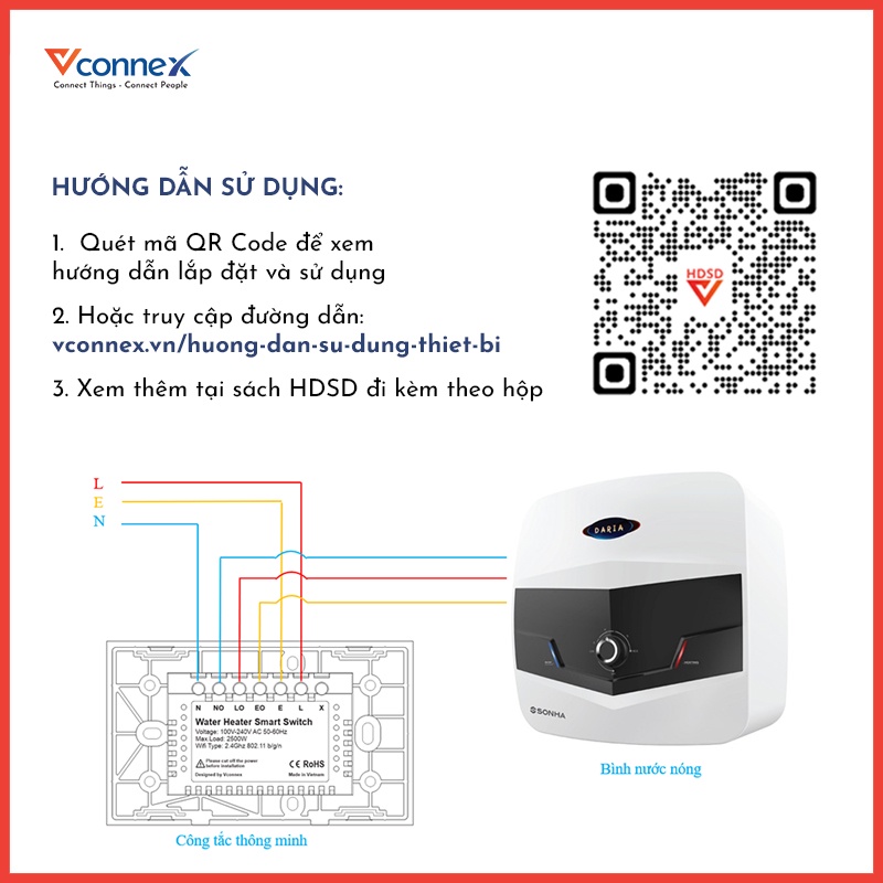 Công tắc chống giật bình nóng lạnh VCONNEX kết nối wifi thông minh cảnh báo điều khiển hẹn giờ bật tắt từ xa qua điện thoại