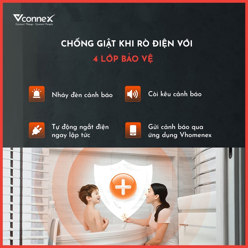 Công tắc chống giật bình nóng lạnh VCONNEX kết nối wifi thông minh cảnh báo điều khiển hẹn giờ bật tắt từ xa qua điện thoại