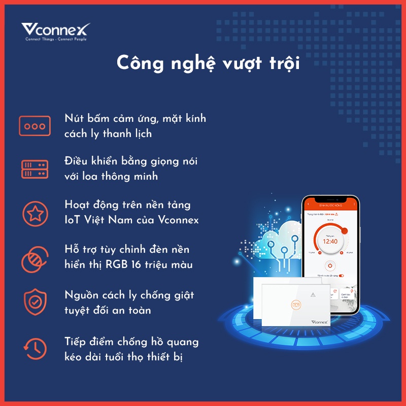Công tắc chống giật bình nóng lạnh VCONNEX kết nối wifi thông minh cảnh báo điều khiển hẹn giờ bật tắt từ xa qua điện thoại