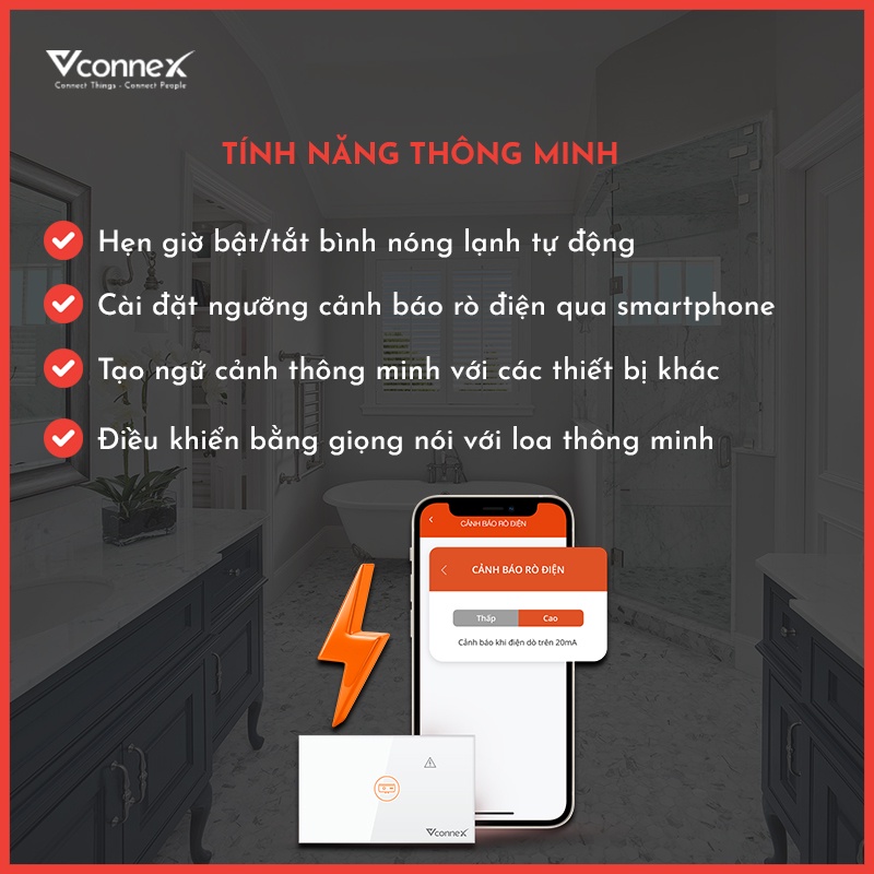 Công tắc chống giật bình nóng lạnh VCONNEX kết nối wifi thông minh cảnh báo điều khiển hẹn giờ bật tắt từ xa qua điện thoại