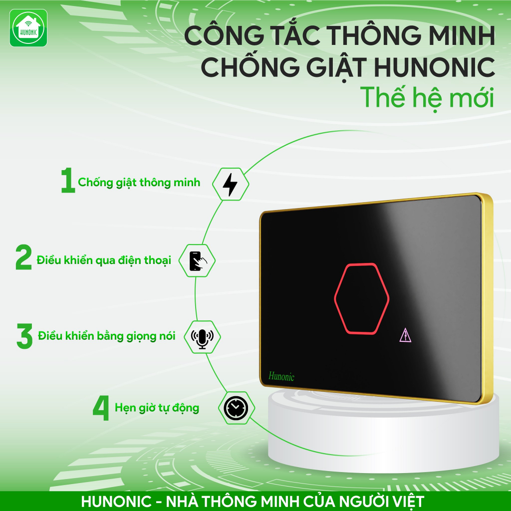 Công tắc chống giật thông minh wifi HUNONIC DATIC bật tắt thiết bị tự ngắt mạch an toàn cảnh báo rò rỉ hở điện từ xa qua điện thoại