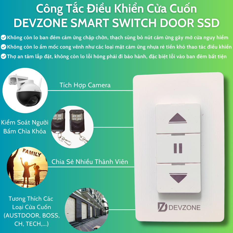 Công Tắc Điều Khiển Cửa Cuốn Bằng Điện Thoại DEVZONE SMART SWITCH DOOR SSD 4 in 1 Nút Bấm Cơ Gắn Tường Wifi Bluetooth Remote Cao Cấp
