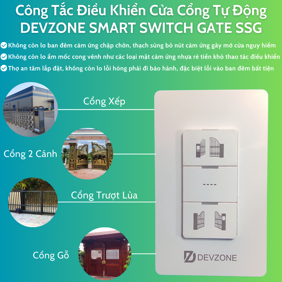 Công Tắc Điều Khiển Đóng Mở Cửa Cổng Tự Động Bằng Điện Thoại DEVZONE SMART SWITCH GATE SSG 4 in 1 Nút Bấm Cơ Gắn Tường Wifi Bluetooth Remote