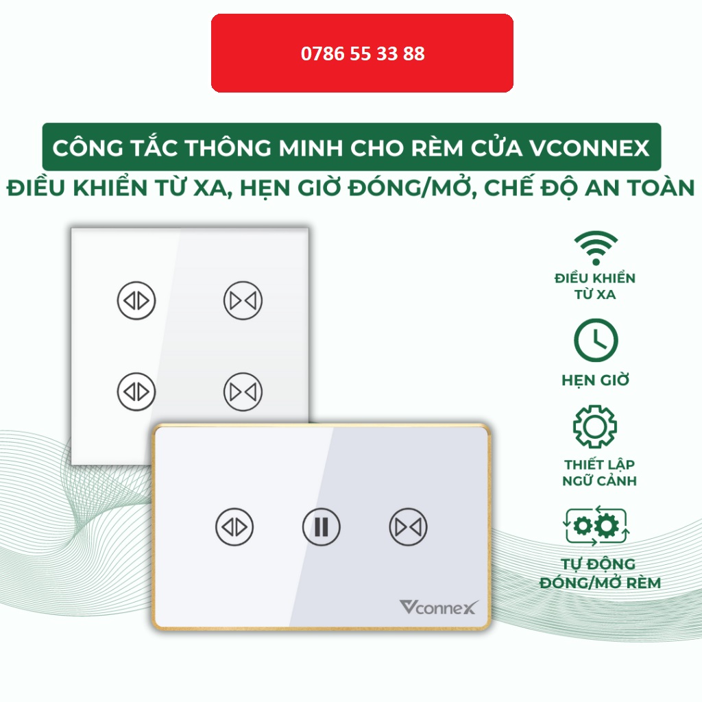 Công tắc rèm thông minh VCONNEX wifi cảm ứng điều khiển đóng mở động cơ từ xa qua điện thoại