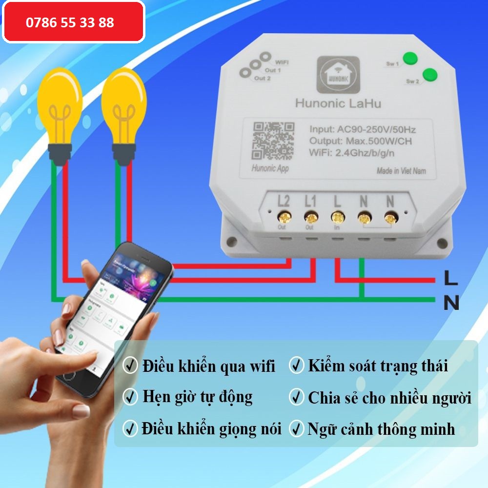 Công tắc thông minh điều khiển bật tắt thiết bị từ xa qua điện thoại HUNONIC LAHU 4000w chính hãng