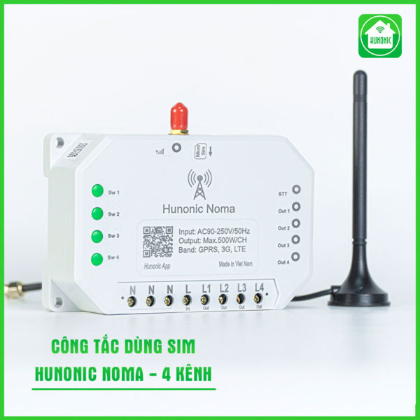 Công tắc thông minh HUNONIC NOMA 4 kênh dùng Sim 3G 4G 5G điều khiển bật tắt thiết bị qua điện thoại không cần Wifi