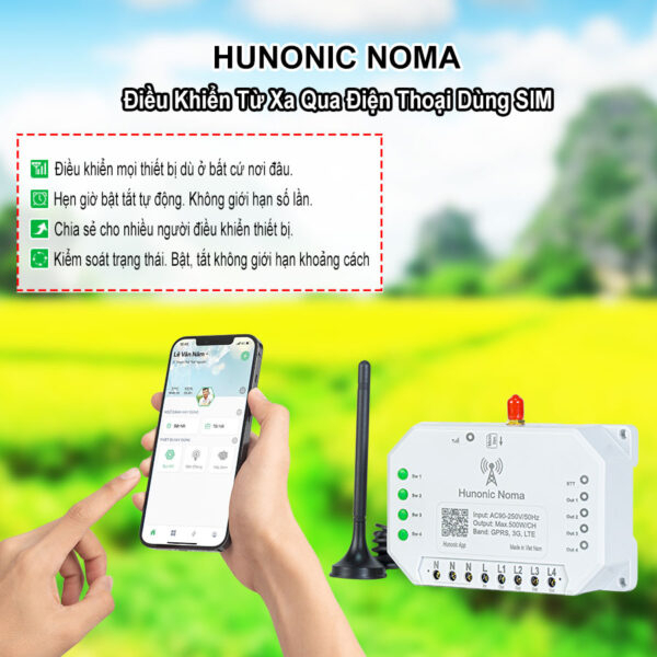 Công tắc thông minh HUNONIC NOMA 4 kênh dùng Sim 3G 4G 5G điều khiển bật tắt thiết bị qua điện thoại không cần Wifi