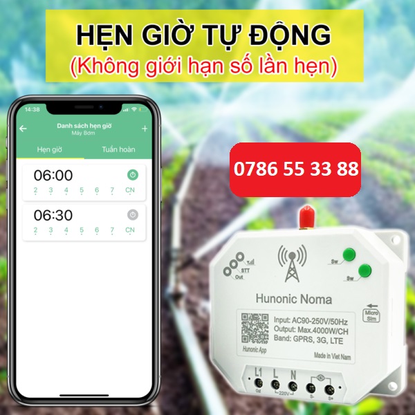 Công tắc thông minh HUNONIC NOMA 4 kênh dùng Sim 3G 4G 5G điều khiển bật tắt thiết bị qua điện thoại không cần Wifi