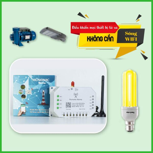 Công tắc thông minh HUNONIC NOMA 4 kênh dùng Sim 3G 4G 5G điều khiển bật tắt thiết bị qua điện thoại không cần Wifi