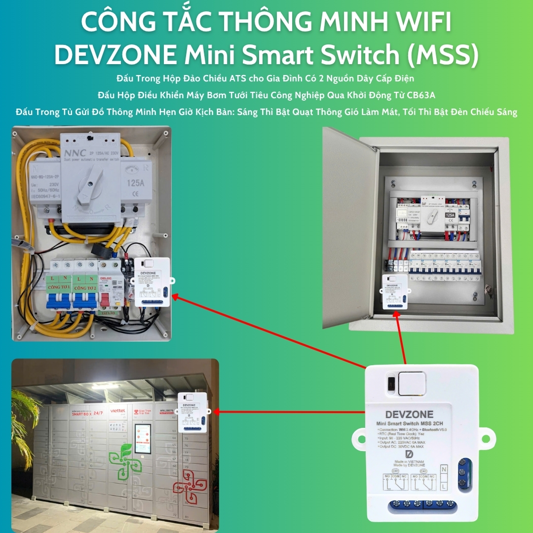 Công tắc wifi thông minh DEVZONE Mini Smart Switch MSS 2 kênh AC DC có hẹn giờ RTC điều khiển bật tắt thiết bị từ xa qua điện thoại