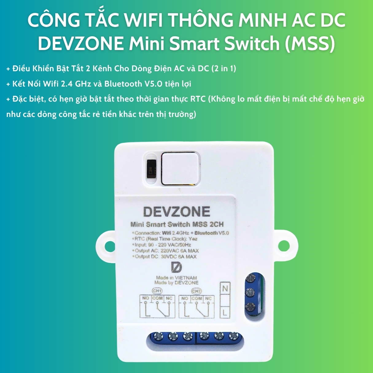 Công tắc wifi thông minh DEVZONE Mini Smart Switch MSS 2 kênh AC DC có hẹn giờ RTC điều khiển bật tắt thiết bị từ xa qua điện thoại