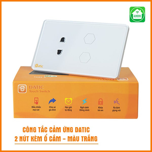 Công tắc thông minh Wifi HUNONIC Datic 2 nút kèm ổ cắm điều khiển bật tắt thiết bị từ xa qua điện thoại