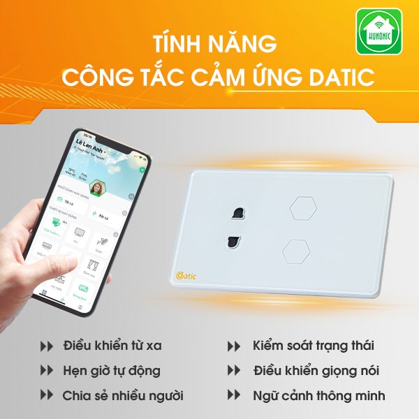 Công tắc thông minh Wifi HUNONIC Datic 2 nút kèm ổ cắm điều khiển bật tắt thiết bị từ xa qua điện thoại