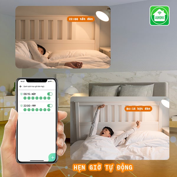 Công tắc thông minh Wifi HUNONIC Datic 2 nút kèm ổ cắm điều khiển bật tắt thiết bị từ xa qua điện thoại