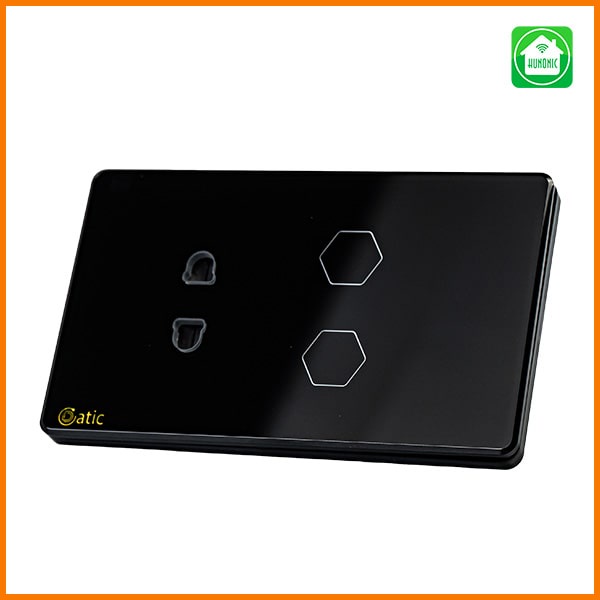 Công tắc thông minh Wifi HUNONIC Datic 2 nút kèm ổ cắm điều khiển bật tắt thiết bị từ xa qua điện thoại
