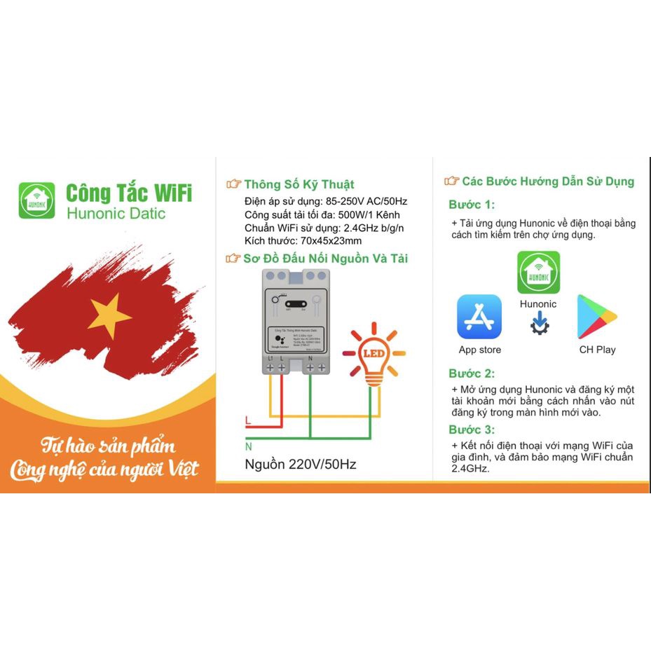 Công tắc thông minh Wifi Hunonic Datic điều khiển tắt bật thiết bị điện từ xa qua điện thoại chính hãng