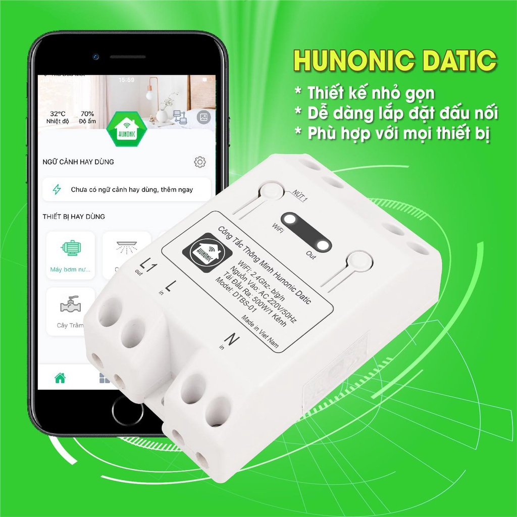 Công tắc thông minh Wifi Hunonic Datic điều khiển tắt bật thiết bị điện từ xa qua điện thoại giọng nói cao cấp