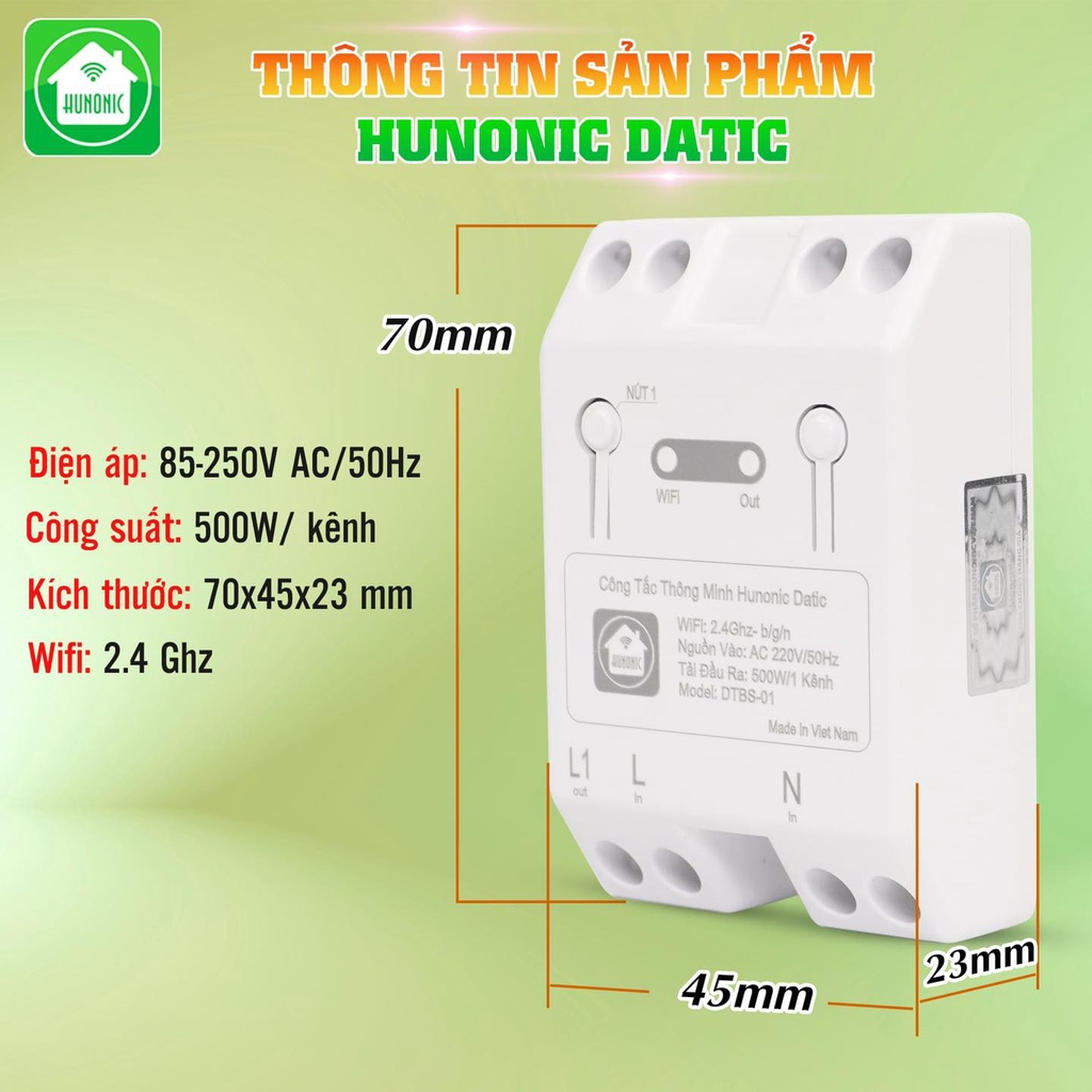 Công tắc thông minh Wifi Hunonic Datic điều khiển tắt bật thiết bị điện từ xa qua điện thoại giọng nói cao cấp