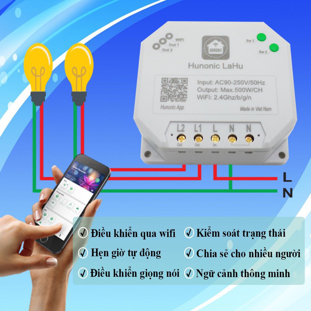 Công tắc thông minh wifi HUNONIC LAHU 1 2 4 kênh điều khiển bật tắt thiết bị từ xa qua điện thoại