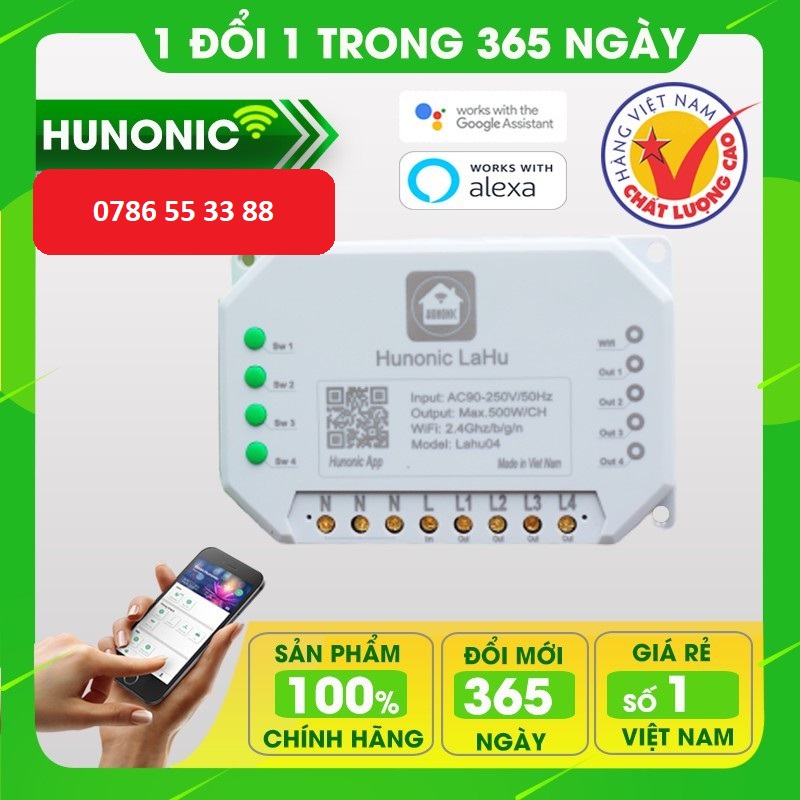 Công tắc thông minh wifi HUNONIC LAHU 4 kênh điều khiển bật tắt thiết bị từ xa qua điện thoại