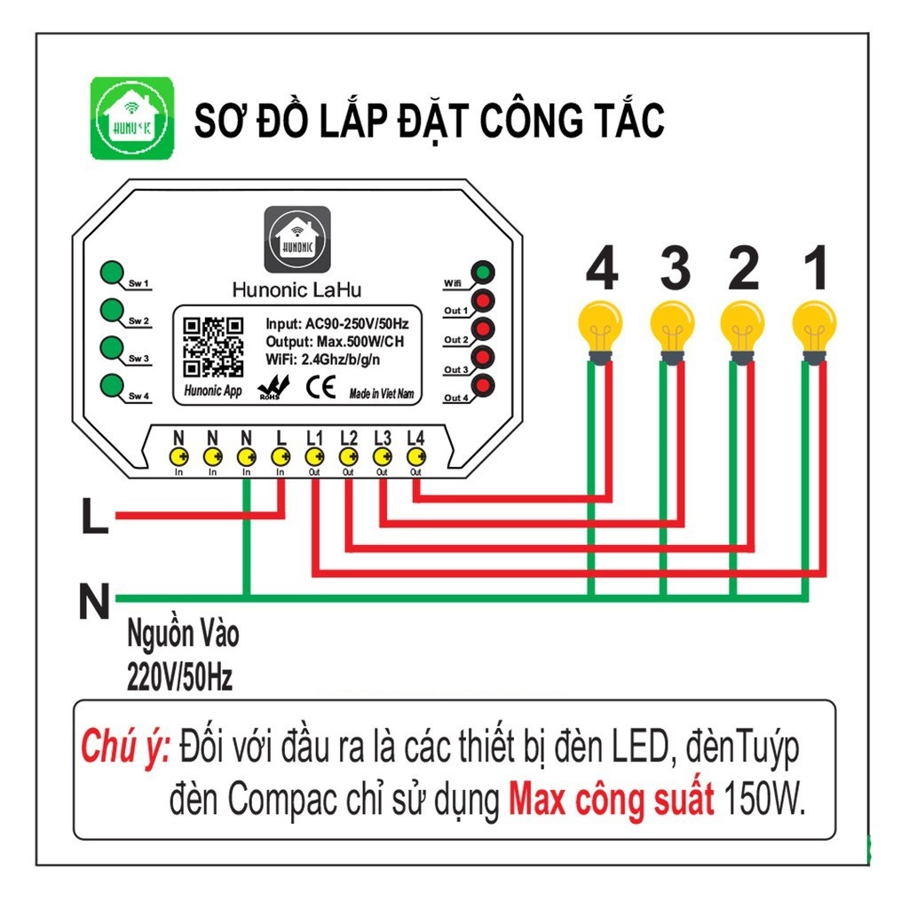 Công tắc thông minh wifi HUNONIC LAHU 4 kênh điều khiển bật tắt thiết bị từ xa qua điện thoại