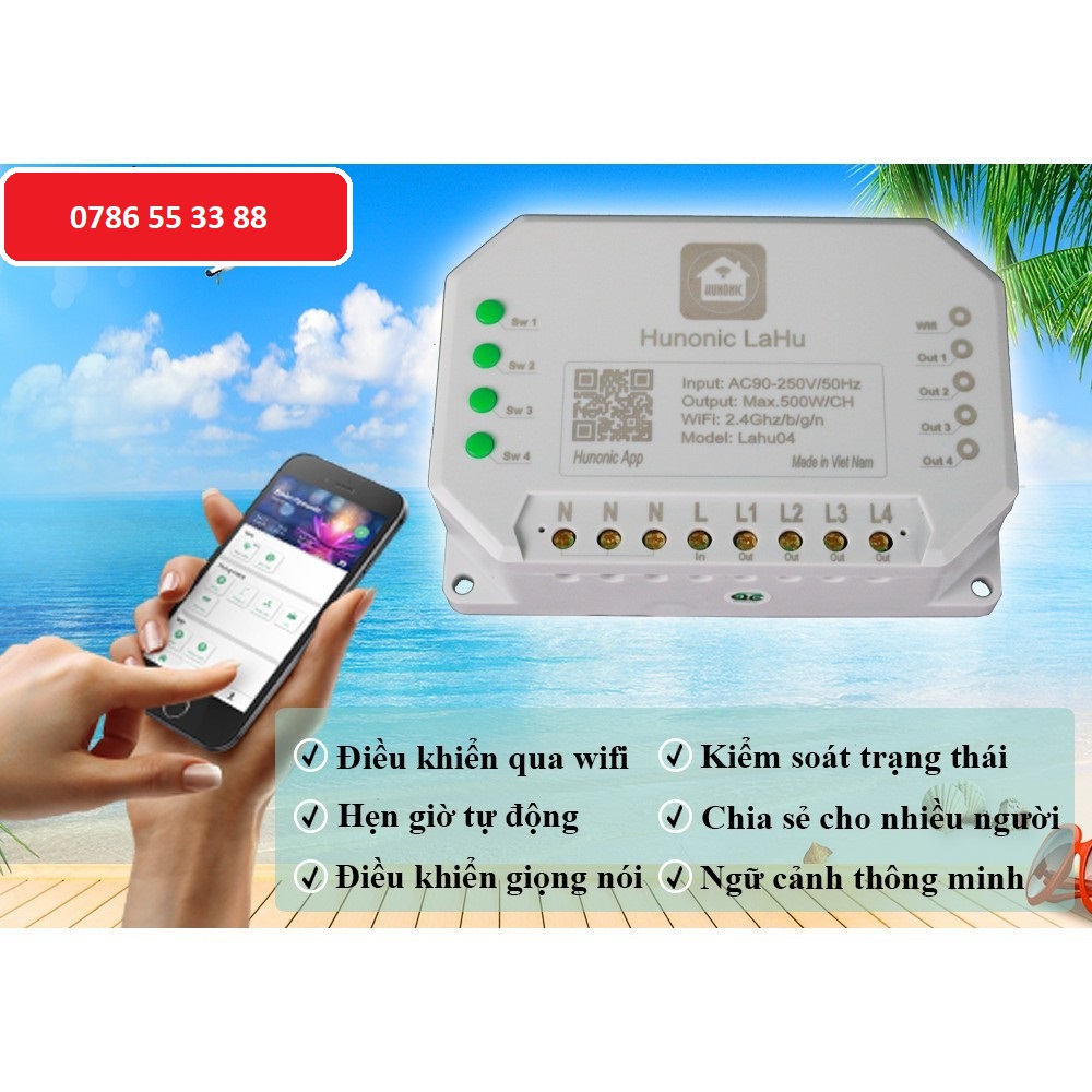 Công tắc thông minh wifi HUNONIC LAHU 4 kênh điều khiển bật tắt thiết bị từ xa qua điện thoại