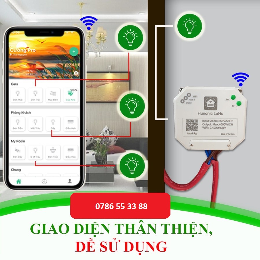 Công tắc thông minh wifi HUNONIC LAHU 4 kênh điều khiển bật tắt thiết bị từ xa qua điện thoại