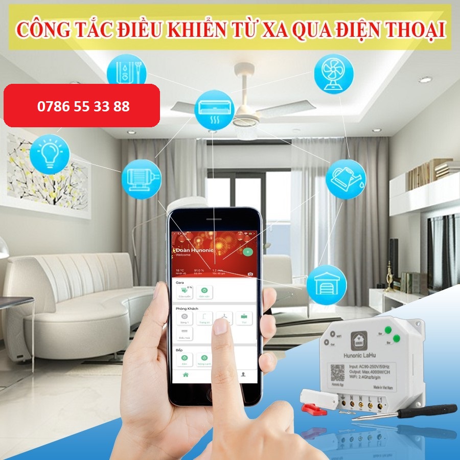 Công tắc thông minh wifi HUNONIC LAHU 4 kênh điều khiển bật tắt thiết bị từ xa qua điện thoại