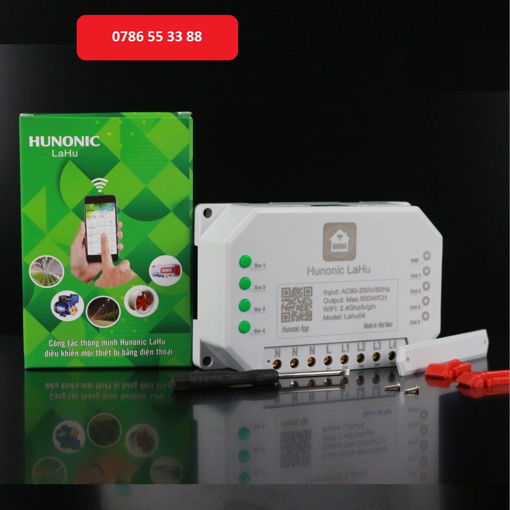 Công tắc thông minh wifi HUNONIC LAHU 4 kênh điều khiển bật tắt thiết bị từ xa qua điện thoại