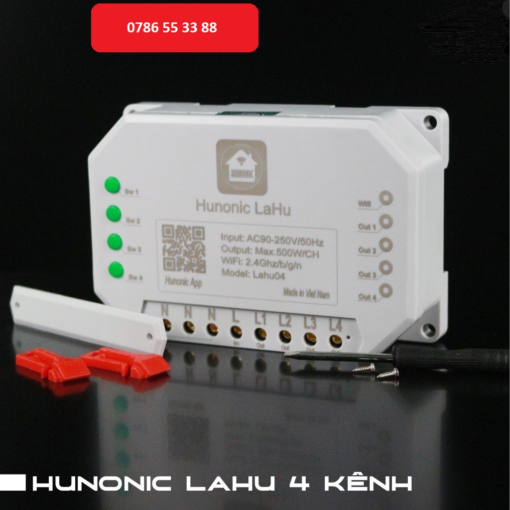 Công tắc thông minh wifi HUNONIC LAHU 4 kênh điều khiển bật tắt thiết bị từ xa qua điện thoại