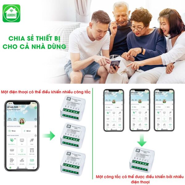 Công tắc thông minh Wifi HUNONIC Mini lắp sau công tắc cơ điều khiển bật tắt thiết bị từ xa qua điện thoại