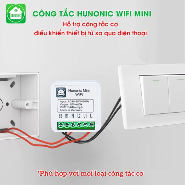 Công tắc thông minh Wifi HUNONIC Mini lắp sau công tắc cơ điều khiển bật tắt thiết bị từ xa qua điện thoại