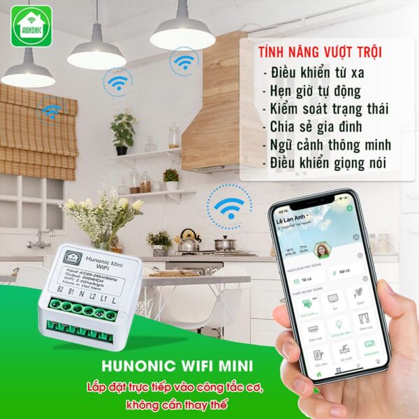 Công tắc thông minh Wifi HUNONIC Mini lắp sau công tắc cơ điều khiển bật tắt thiết bị từ xa qua điện thoại